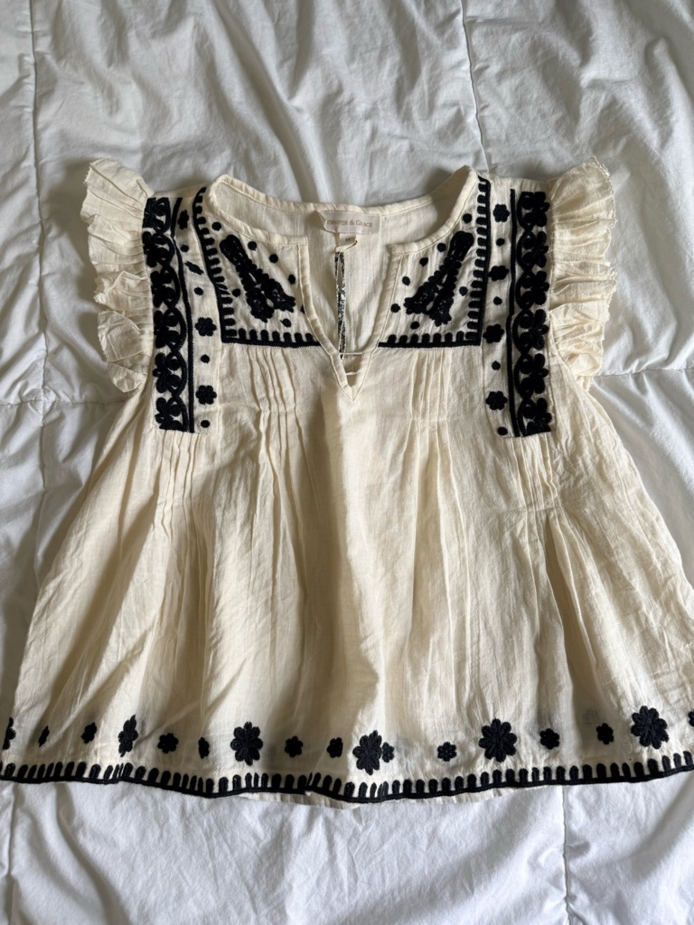 Boho Cream Embroidered Flutter Sleeve Blouse with Black Accents